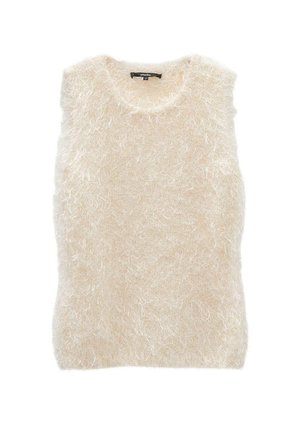 Lichtbeige, mouwloos vest van zacht, pluizig materiaal met een ronde hals. Gelaagd oppervlak met delicate, lange vezels.