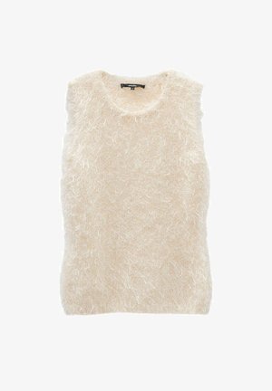 Lichtbeige, mouwloos vest van zacht, pluizig materiaal met een ronde hals. Gelaagd oppervlak met delicate, lange vezels.