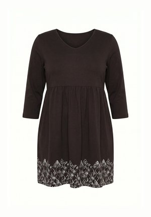 Ulla Popken, SNAKESKIN POLKA DOT MOTIF 3/4 SLEEVE POCKET SWING DRESS - Jerseyjurk - mahogany