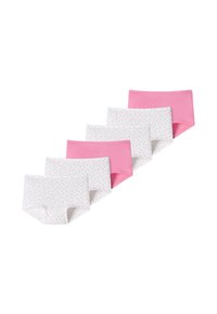 Set di cinque mutandine per bambini: due paia di colore rosa unito e tre paia bianchi con piccole pois rosa. Materiale in cotone morbido, stile hipster.