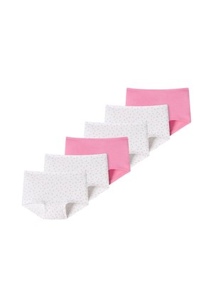 Five-pack of children’s underwear: two solid pink pairs and three white pairs with small pink polka dots. Soft cotton material, hipster style.