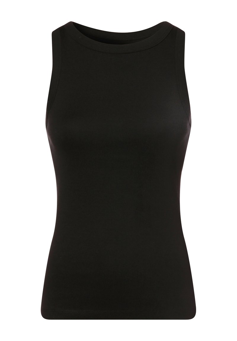 Zwarte mouwloze top gemaakt van gladde, rekbare stof. Heeft een ronde halslijn en een aansluitend ontwerp zonder versieringen.