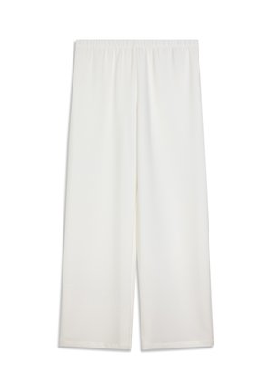 Hvide bukser med vide ben og elastisk talje. Glat, letvægtsstof; fuld længde og lige snit. Ingen synlige mønstre eller detaljer.