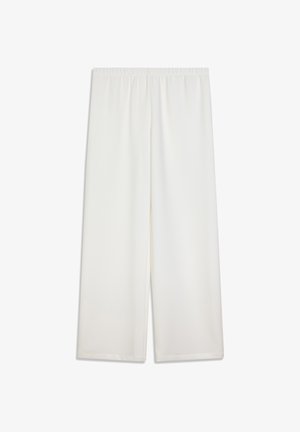 Hvide bukser med vide ben og elastisk talje. Glat, letvægtsstof; fuld længde og lige snit. Ingen synlige mønstre eller detaljer.