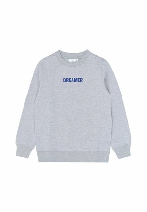 Sweat-shirt gris clair à col rond avec manches longues et le mot « DREAMER » imprimé en bleu sur la poitrine.