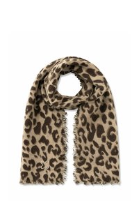 Sciarpa con stampa leopardata in tonalità di marrone e beige, realizzata in tessuto morbido, caratterizzata da bordi sfrangiati e un piccolo accento ricamato.