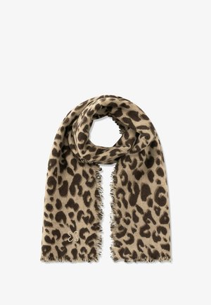 Leopard-print scarf in shades of brown and beige, made from soft fabric, features frayed edges and a small embroidered accent.