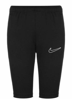 Schwarze Nike-Shorts aus dehnbarem Material, mit einem elastischen Bund und einem kleinen, weiß gestickten Logo am linken Bein.