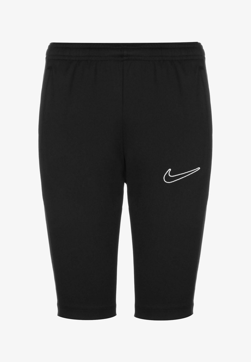 Schwarze Nike-Shorts aus dehnbarem Material, mit einem elastischen Bund und einem kleinen, weiß gestickten Logo am linken Bein.