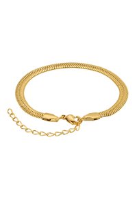 Gullfarget metallarmbånd med et fleksibelt, slanges lignende design. Har en lås og en kort kjededetalj for justerbar størrelse.