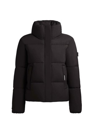 Black padded winter jacket with high collar, long sleeves, and side pockets, shown front-facing on white background.