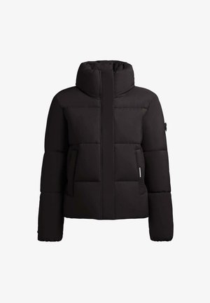 Black padded winter jacket with high collar, long sleeves, and side pockets, shown front-facing on white background.