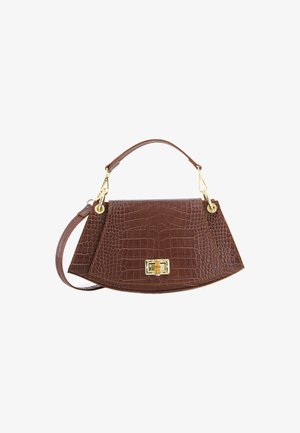 Brown faux crocodile leather handbag with a structured design, gold hardware, and a detachable shoulder strap. Secure clasp closure detail.