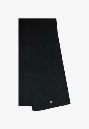Sciarpa nera a costine realizzata in morbido tessuto, con un piccolo accento a forma di cuore dorato su un'estremità. Superficie texturizzata e design piatto.