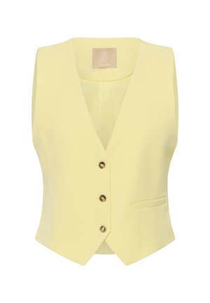 Bezrukávová svetložltá prispôsobená vesta s tromi hnedými gombíkmi a malým predným vreckom, s výstrihom do tvaru V.