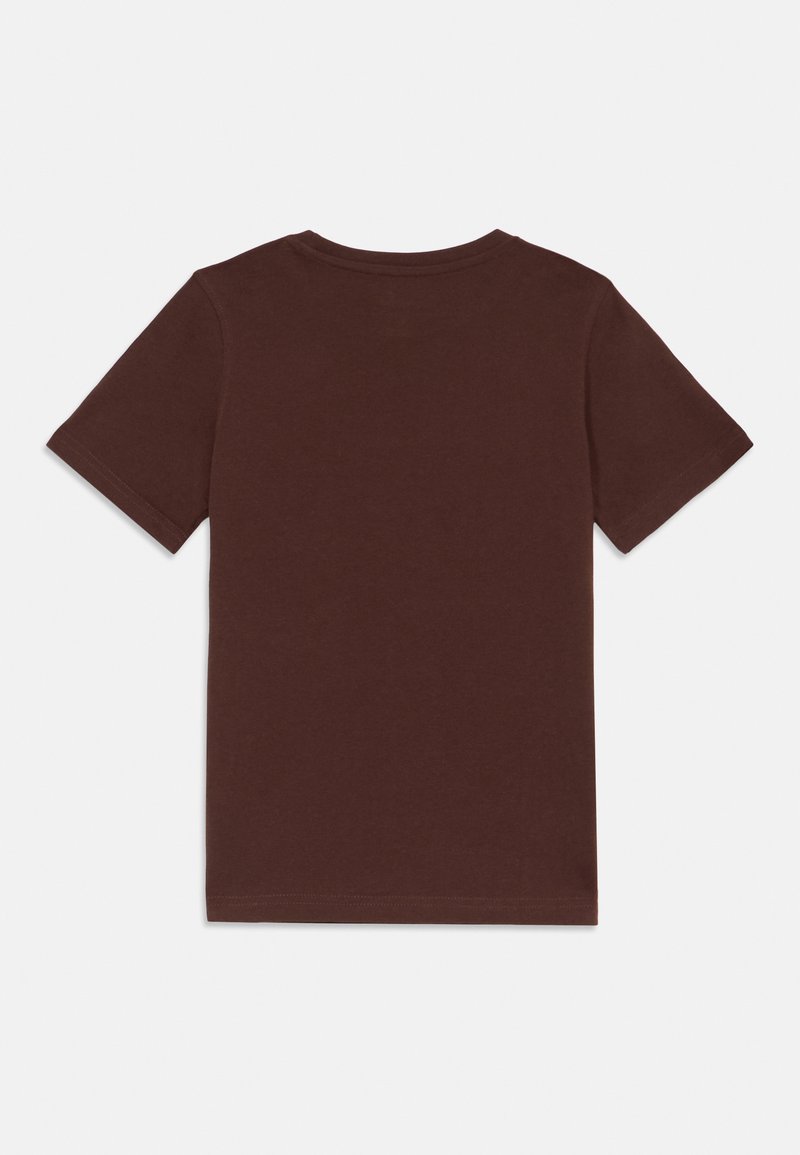T-shirt en coton marron à manches courtes, avec un col rond et une texture lisse. Design uni sans motifs ni accents visibles.