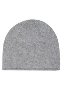 Berretto di lana grigia lavorato a maglia, con una consistenza morbida, forma arrotondata e orlo ripiegato. Presenta un design senza cuciture con un delicato motivo melange.
