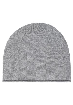 Gray knitted beanie hat with a soft texture, rounded shape, and a folded brim. Features a seamless design with subtle heathered pattern.