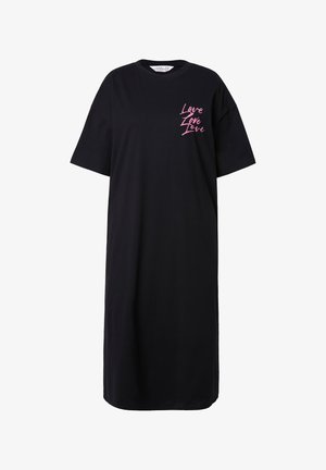 Schwarzes Baumwoll-T-Shirt-Kleid mit kurzen Ärmeln, das auf der linken Brust mit pinkem gesticktem Text "Love" verziert ist, im lässigen Schnitt und knielanger Gestaltung.