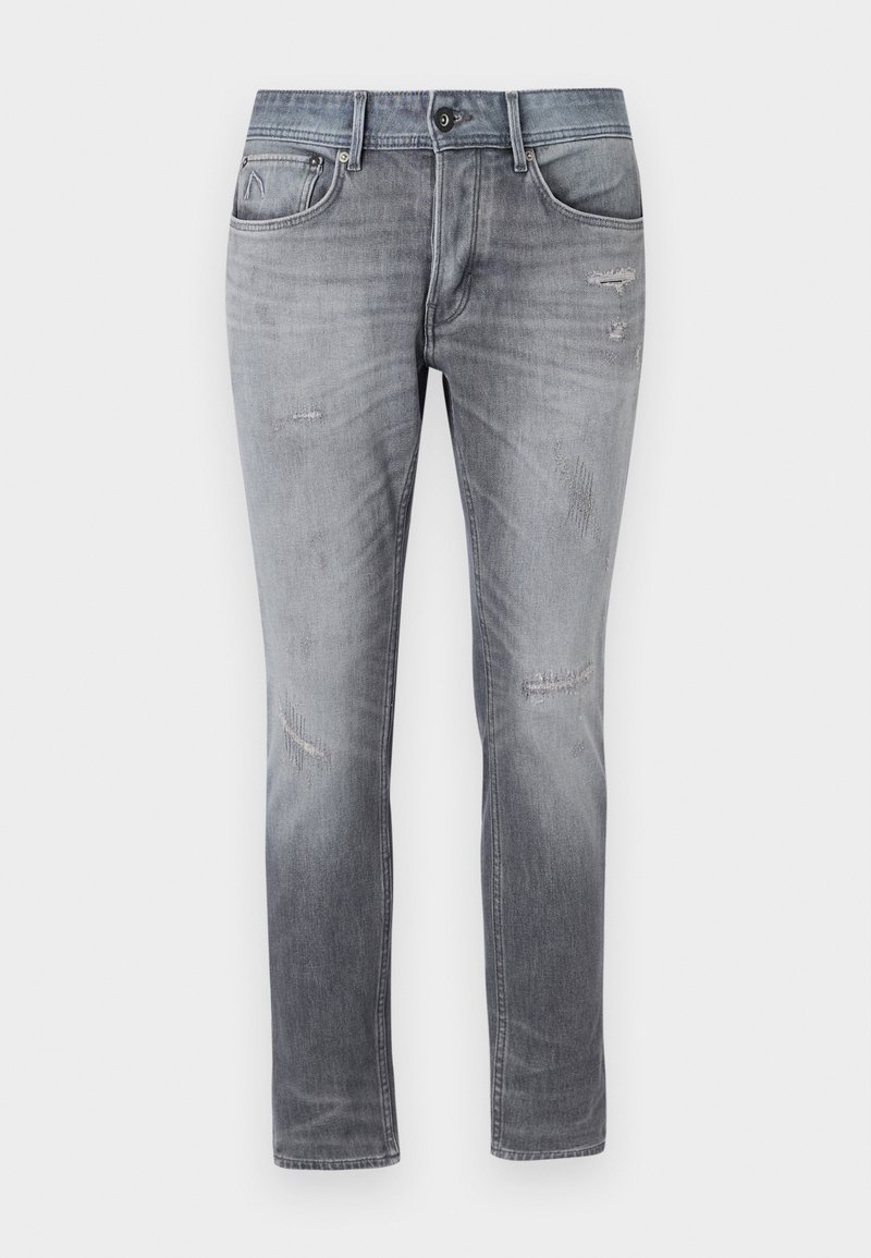 Grijze denim jeans met een lichte vervaging, versleten plekken, een vijf-pocket ontwerp en een rechte pasvorm. Voorzien van een knoop- en ritssluiting.