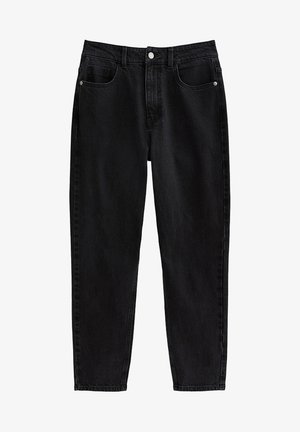 Black denim jeans with a straight cut, two front pockets, front button and zip closure, and no visible patterns or accents.