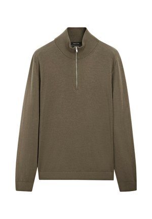 Olive green pullover sweater with a high collar and half zip. Features long sleeves and a soft texture, made from lightweight material.