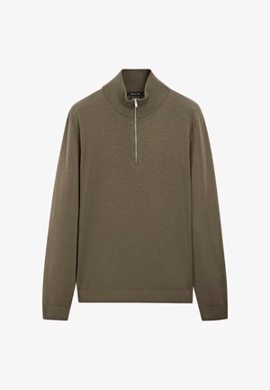 Olijfgroene pullovertrui met een hoge kraag en een halve rits. Heeft lange mouwen en een zachte textuur, gemaakt van lichtgewicht materiaal.