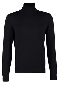 Czarny sweter z golfem, wykonany z gładkiego dzianiny. Posiada długie rękawy oraz ściągacze na rękawach i u dołu, co zapewnia dopasowany wygląd.