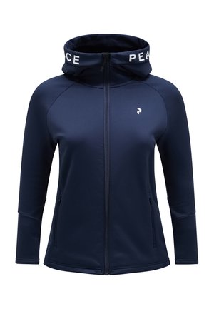 Navyblauwe zip-up hoodie met een hoge kraag, voorzien van een witte "PEACE" opdruk op de capuchon en twee voorzakken met ritssluiting. Glad, rekbaar materiaal.