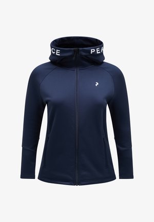 Granatowa bluza z kapturem na zamek błyskawiczny z wysokim kołnierzem, z białym nadrukiem "PEACE" na kapturze oraz dwiema przednimi kieszeniami na zamek. Gładki, elastyczny materiał.