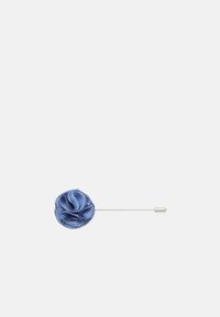 Blue fabric flower pin featuring pleated petals, attached to a silver-tone pin with a round end. Simple and elegant design.
