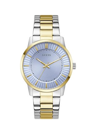 Montre-bracelet en métal bicolore argent et or avec cadran texturé bleu clair, marqueurs d'heure en or, et couronne argentée sur le côté droit.