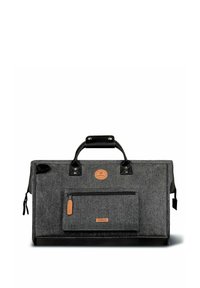 Grau Stofftasche mit schwarzen Lederakzenten, Henkel oben und einer vorderen Reißverschlusstasche. Merkmale ein kreisförmiges Logo und eine rechteckige Form.