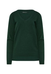 Donkergroene, lange mouw, V-hals trui van zacht materiaal met geribde manchetten en onderrand. Minimalistisch ontwerp, zonder patronen of accenten.