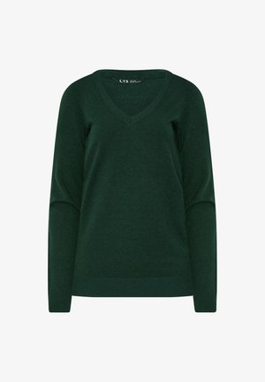 Maglione V con maniche lunghe di colore verde scuro, realizzato in tessuto morbido con polsini e orlo a costine. Design minimalista, senza motivi o dettagli.