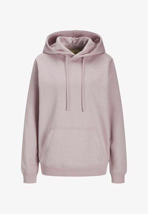 Różowa bluza z kapturem wykonana z miękkiego materiału, z przednią kieszenią, sznurkami, ściągaczami przy mankietach oraz małym logo na piersi.