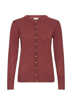 Cardigan rosso lavorato a maglia con scollatura tonda, maniche lunghe e chiusura davanti con bottoni dorati. Texture liscia e design aderente.