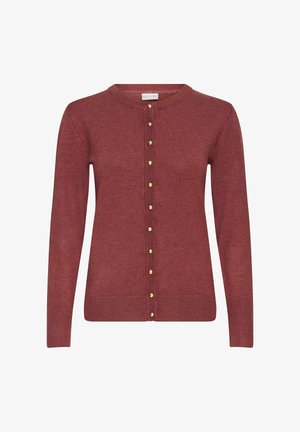 Cardigan rosso lavorato a maglia con scollatura tonda, maniche lunghe e chiusura davanti con bottoni dorati. Texture liscia e design aderente.