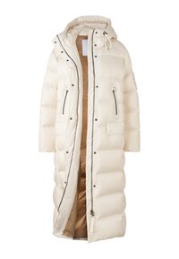 Lange donzen jas in crèmekleur met capuchon, volledige ritssluiting aan de voorkant, drukknopen, twee borstzakken met rits en onderste klepzakken, open om de tankleurige voering te tonen.