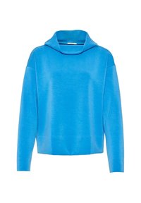 Pull bleu vif à manches longues avec un col roulé ample et un ourlet droit, présenté sur fond blanc.