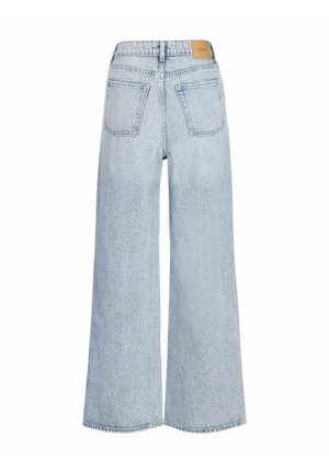 Lyseblå vide denimjeans med høy midje og to baklommer, med en liten brun skinnmerke på midjebåndet.
