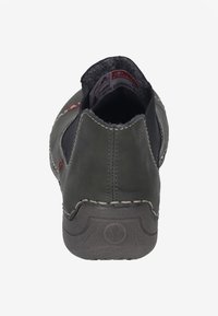 Chaussure slip-on gris foncé avec des coutures visibles, panneaux latéraux élastiques noirs et semelle en caoutchouc vue de l'arrière.