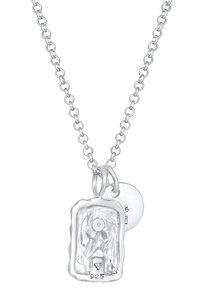 Silver necklace with two pendants: one rectangular, textured with a circular detail; the other a smooth round disc. Both marked "925."