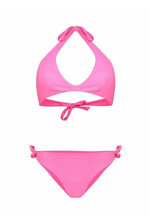 Bikini deux pièces rose vif avec haut dos nu et détails à nouer au niveau du cou, du dos et des côtés du bas.