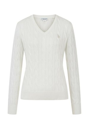 White cable knit V-neck long-sleeve sweater with ribbed cuffs and hem, featuring a small embroidered logo on the left chest.