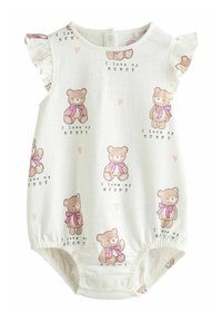 Bodysuit blanc avec des manches courtes à volants, pr�ésentant un imprimé ourson et le texte "J'adore ma MAMAN" en rose. Fermeture à pression au bas.