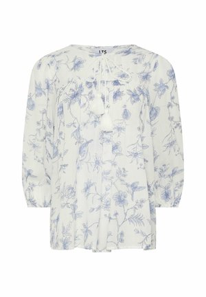 Valkoinen paita, jossa vaaleansiniset kukka- ja lintukuviot, kolmen neljänneksen hihat, pyöreä pääntie ja edessä tupsunaru.