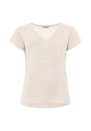 Light beige V-neck T-shirt in soft fabric featuring embossed text: "POSITIVE LIFE GOOD ENERGY POSITIVE MIND CLUB" in circular design.