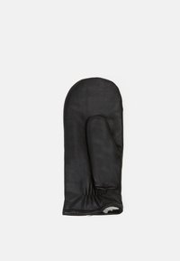 Mitten en cuir noir avec un haut arrondi, un compartiment unique pour les doigts, un poignet ajusté et une doublure intérieure douce. Pas de motifs ni de matériel visibles.