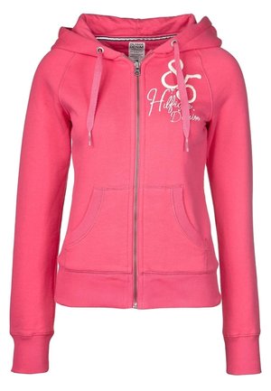 Różowa bluza z kapturem na zamek, z kieszeniami z przodu, regulowanym kapturem ze sznurkiem oraz białym napisem i logo "Hilfiger Denim" na piersi.